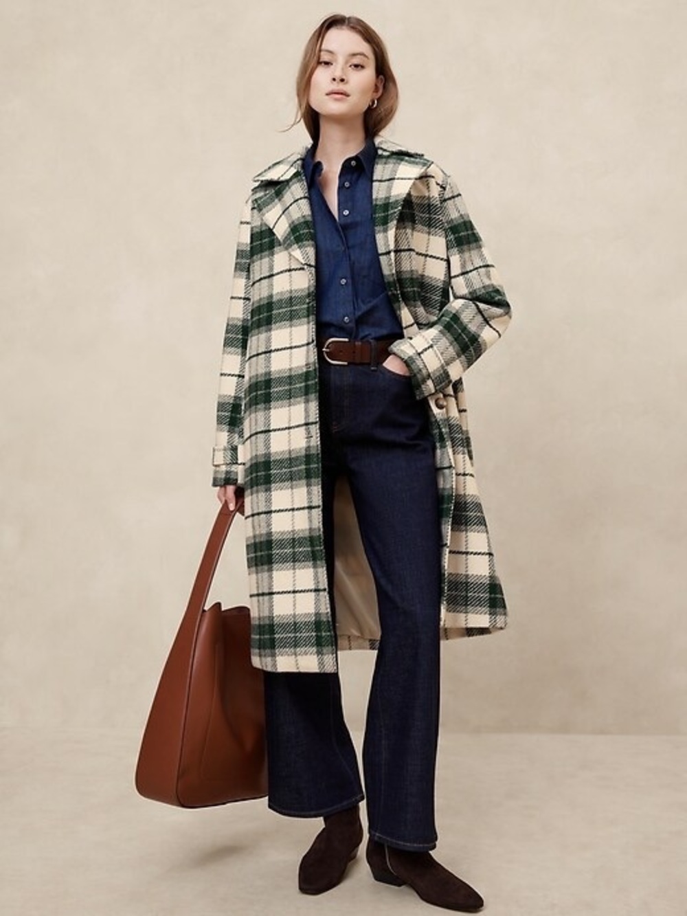 Banana Republic Green and Cream Plaid Long Coat